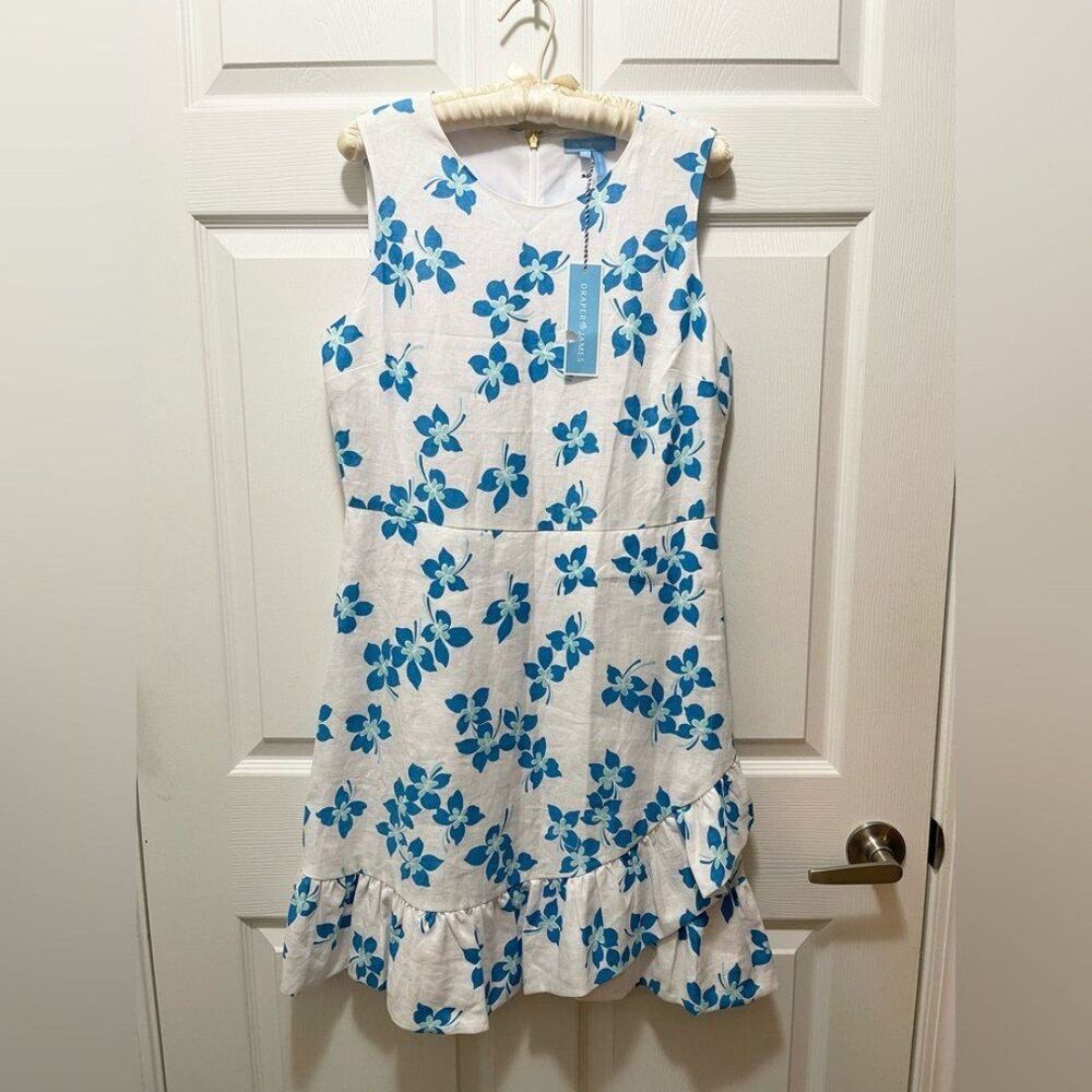 Linen Dress Size 8 Womens Sleeveless Ruffle White Blue Floral Draper James NWT